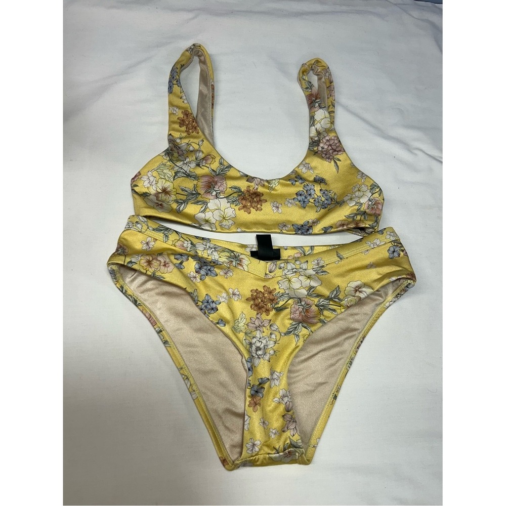 LA Hearts Yellow Floral Bikini Set Scoop Top High Leg Swimwear XS